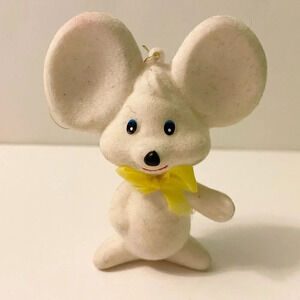 Vintage Flocked Mouse Christmas  Ornament Yellow Bow 3 Inch Tall Figure